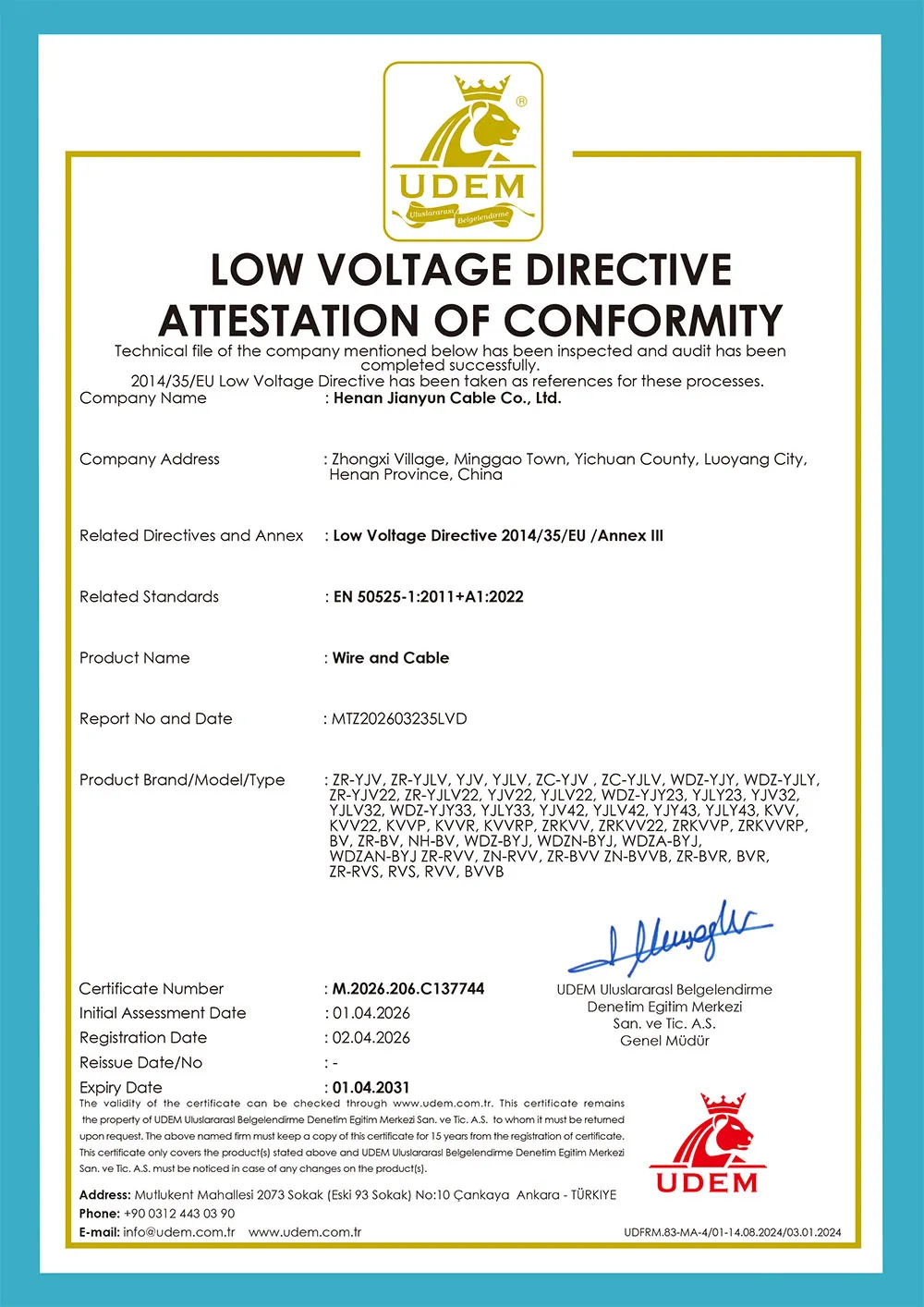 CE / LVD Compliance Certificate