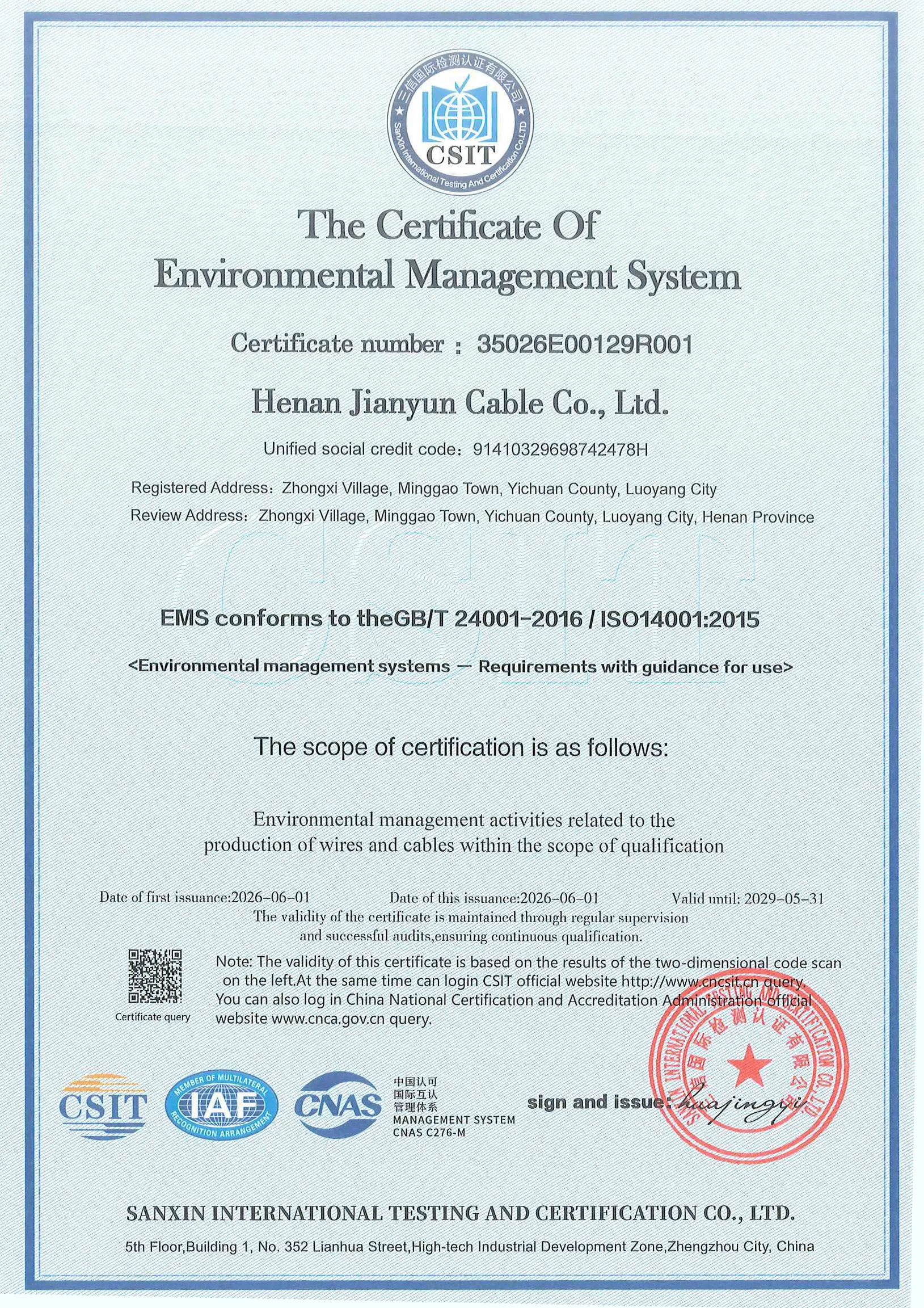 Jianyun Cable Certification Document