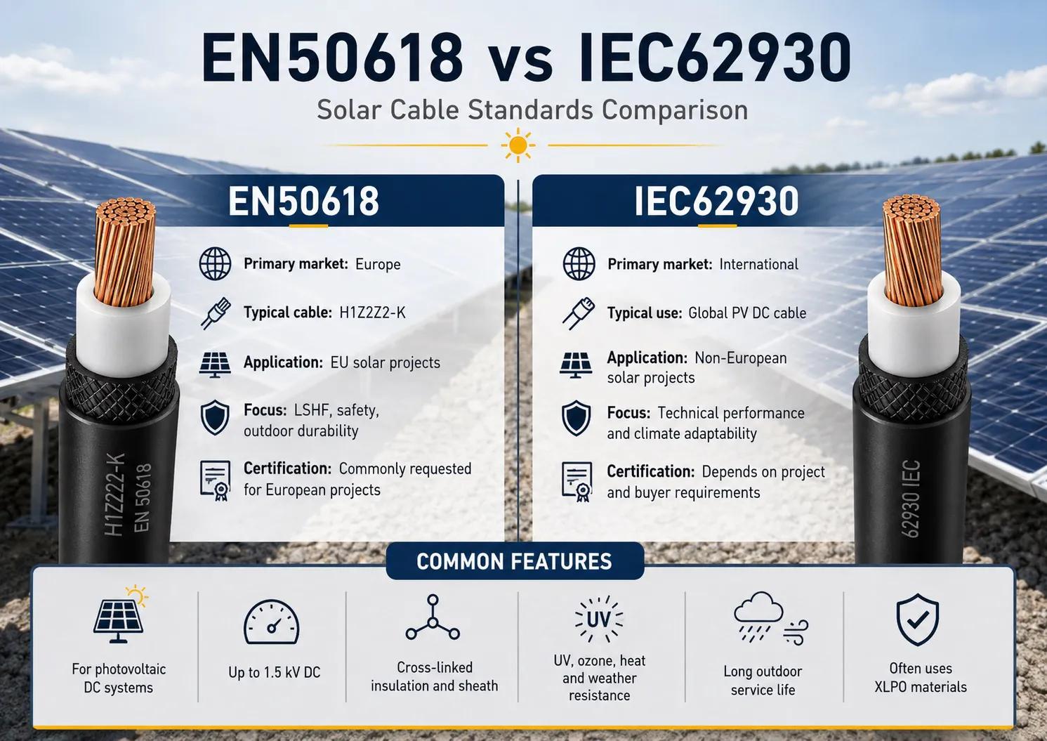 EN50618 vs IEC62930 Solar Cable Standards: Key Differences and Selection Guide
