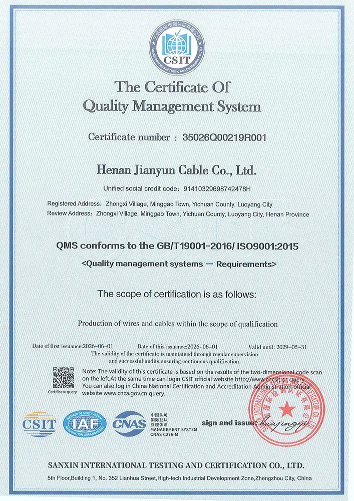 Jianyun Cable ISO 9001 Quality Management System certification